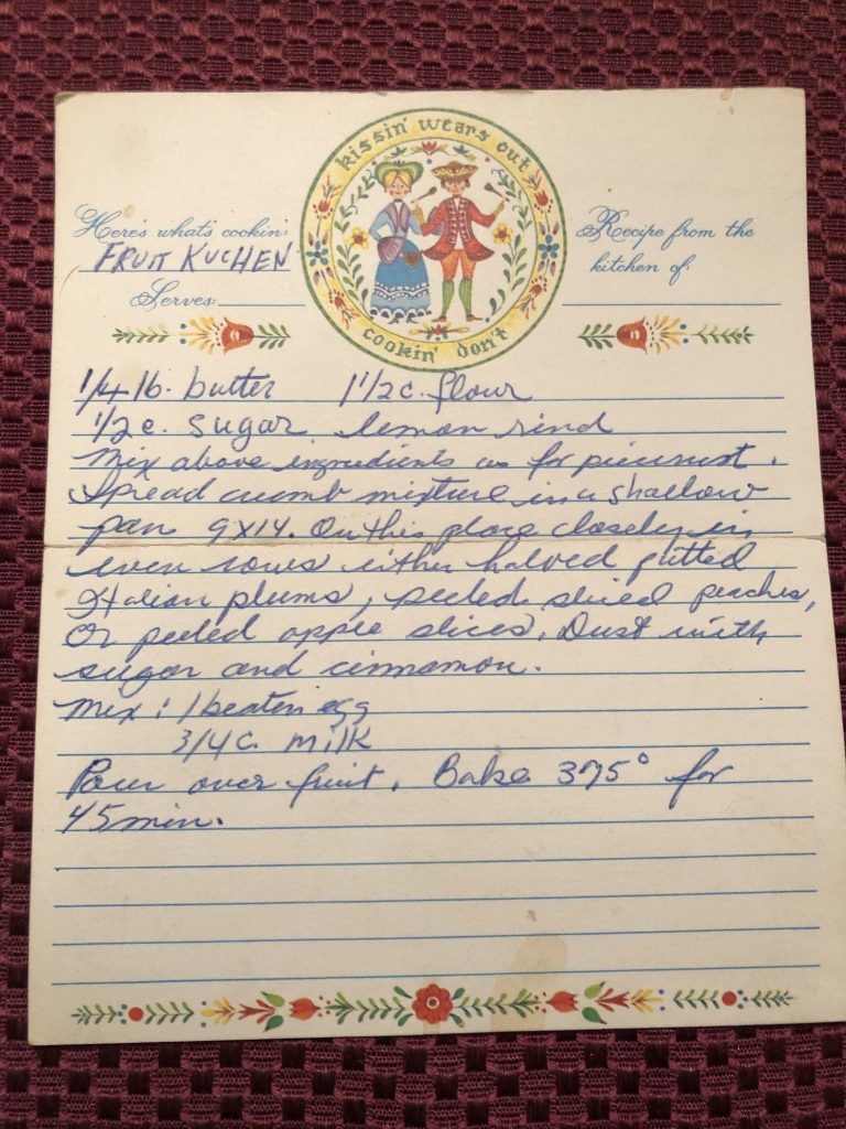 Recipe card for Mom's plum cake
